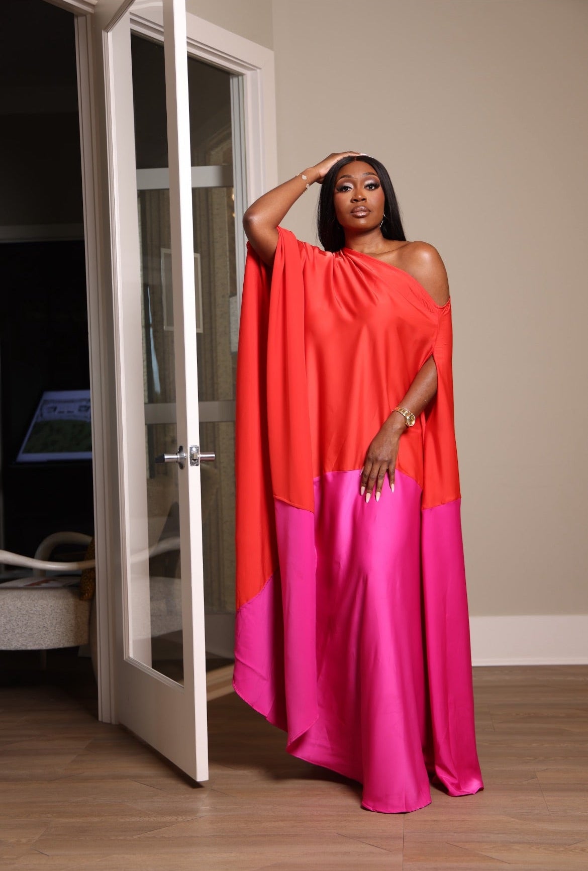 Red One-Shoulder Flowing Maxi Dress