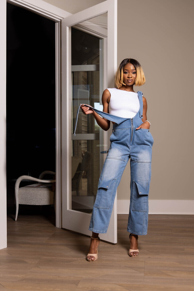 Women's One-Shoulder Denim Utility Jumpsuit