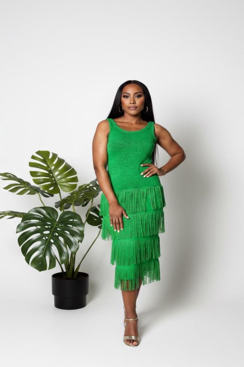 Emerald Green Fringe Knit Midi Dress